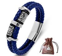 DPGOLDP Viking Leather Bracelet with Stainless Steel Celtic Knot & Vegvisir Runes Beaded Amulet Bracelets for Men Women,Blue,205mm