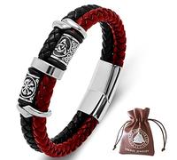 DPGOLDP Viking Leather Bracelet with Stainless Steel Celtic Knot & Vegvisir Runes Beaded Amulet Bracelets for Men Women,Black Red,185mm