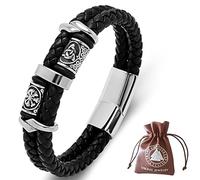 DPGOLDP Viking Leather Bracelet with Stainless Steel Celtic Knot & Vegvisir Runes Beaded Amulet Bracelets for Men Women,Black,165mm