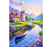 DPHERO Country Cottage Diamond Painting Kits for Beginners Adults,5D DIY Windmill Diamond Art Kits,Round Full Drill River Wildflowers Art Crafts,DIY Painting by Numbers for Home Wall Decor 12x16 inch