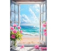 DPHERO Seascape Diamond Painting Kits for Beginners Adults,5D DIY Window Beach Diamond Art Kits,Round Full Drill Flowers Gem Art Crafts,DIY Painting by Numbers for Home Wall Decor 12x16 inch