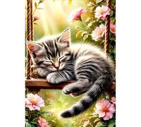 DPHERO Swinging Cat Diamond Painting Kits for Beginners Adults,5D DIY Sleeping Cat Diamond Art Kits,Round Full Drill Wildflowers Gem Art Crafts,DIY Painting by Numbers for Home Wall Decor 12x16 inch