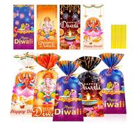 DPKOW 100pcs Diwali Gift Bags Happy Diwali Party Cellophane Bags Deepavali Party Favor Supplies, Rangoli Diya Goddess Lakshmi Deepavali Treats Bags with Gold Twist Ties, For Home Decor