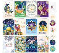 DPKOW 12pcs Eid Cards with Envelopes Stickers, Eid Mubarak Cards Multipack, Greeting Card Blessed EID Colorful Islamic Card Muslims