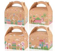 DPKOW 12pcs Ramadan Eid Gift Bags Treats Boxes for Eid Ramadan Party Favour Candy Cookie Supplies, Islamic Pattern Kraft Paper Bags Boxes for Eid-al-Adha Umrah Hajj