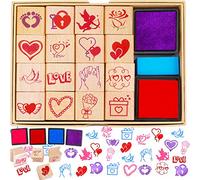 DPKOW 16pcs Valentine's Day Stamps with Ink Pad 4pcs, Wooden Heart Stamps for Kids Adult Crafting Gifts Favour Valentine's Day DIY Card Toy Crafts School Classroom Valentines Kids Toddler