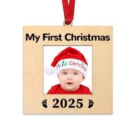 DPKOW 2025 Gift Baby First Christmas Picture Frame Ornament for First Christmas Tree Decorations Bauble Photo Frame Baby 1st Xmas Gift Keepsake New Parents Newborn, Wooden
