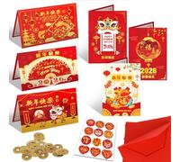 DPKOW 2026 Chinese New Year Cards Gifts Set, 6 Greeting Cards with Red Envelopes + 6 Chinese Coins Lucky Fengshui+ 12 CHINESE New Year Stickers 2026, Year of the Horse Cards Gifts Set