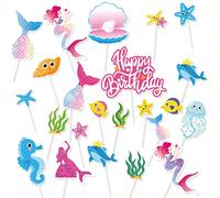 DPKOW 23pcs Mermaid Birthday Cake Toppers Decorations, Glitter Happy Birthday Cupcake Toppers for Mermaid Theme Birthday Decorations Kids Girls 1st 2nd 3rd 4th
