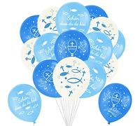 DPKOW 24pcs Blue Communion Balloons for Girls Boys Confirmation Decoration, Schön Dass Du da Bist Latex Balloons for First Communion Confirmation Decoration, with Fish Dove Goblet Bible Cross Pattern