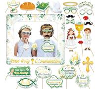 DPKOW 26pcs First Holy Communion Photo Booth Props + Inflatable Selfie Frame for 1st Holy Communion Photo Booth Frame Accessories Boy Girl First Communion Decorations Green Gold