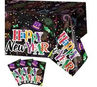 DPKOW 3 Pieces Happy New Year Table Cloth Plastic Disposable Black and Colorful Table Cloth New Years Eve Tablecloth for New Year Table Decorations New Years Eve Decorations 2026, 274 x 130 CM