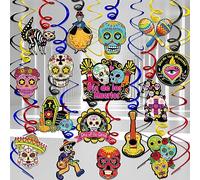 DPKOW 30pcs Day of the Dead Hanging Swirls Decorations, Sugar Skull Foil Streamers for Day of the Dead Ceiling Decorations, Día de Los Muertos Hanging Spiral Decorations for Mexican Themed Halloween
