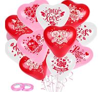 DPKOW 36pcs Love Heart Shape Balloons for Romantic Valentine's Day Decorations, 9 Style Latex Balloons for Wedding Anniversary Mother's Day Engagement, White Pink Red, I Love You Kiss Me XOXO My Love
