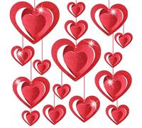 DPKOW 3D Glitter Hanging Hearts Garland Decorations, 15 x Heart Ornament for Valentine's Day Decorations Garland Banner Valentines Room Decorations Romantic Decor Heart Red
