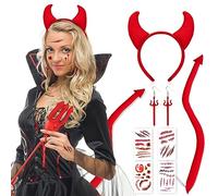 DPKOW 7pcs Devil Costume Red Devil Horns Headband Devil Earrings Devil Tail Halloween Scars Tattoo Devil Set Devil Outfit for Kids Women Devil Costume Halloween Devil Accessories