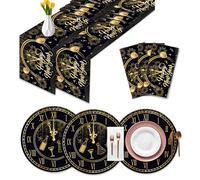 DPKOW 9pcs Black Gold Happy New Year Table Runner Placemats Set, New Years Eve Decorations 2026, NYE Party Decorations Supplies 2026, 3pcs Table Runner Disposable Waterproof, 6pcs Paper Place Mats
