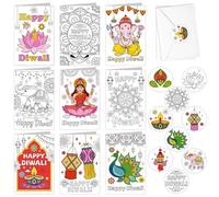 DPKOW 9pcs Colouring Diwali Cards with Envelopes Stickers, Diwali Gifts for Kids, DIY Colouring Supplies Deepavali Crafts for Kids, Rangoli Diya Peacock Hindu Cards for Festival of Lights Party