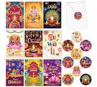 DPKOW 9pcs Diwali Cards with Envelopes Stickers Diwali Gifts for Kids Friends Family, Deepavali Greeting Cards Festival of Lights Party Supplies Deepavali Gift Ideas, Diya Rangoli Peacock Hindu Design