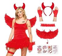 DPKOW 9pcs Red Devil Costume: Wings, Horns Headband, Lace Gloves, Garter, Scar, Tattoos Set for Women & Kids
