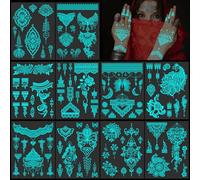 DPKOW Blue Luminous Temporary Tattoo - 10pcs Glow in the Dark Mandala Flower Lace Stickers for Women Girls Hand Arm Body Face Art, Indian Neon Party Favours