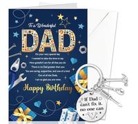 DPKOW Dad Birthday Card and Keyring from Daughter Son, Happy Birthday Gifts for Dad, B-day Greeting Card with Envelope, Stainless Steel Keychain with Velvet Drawstring Bag