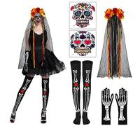 DPKOW Day of the Dead Accessories for Women Women Headband Thigh High Skeleton Socks Full Finger Gloves Temporary Face Tattoos for Halloween Party Cosplay Costume Makeup,7 Pieces