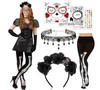 DPKOW Day of the Dead Headband Face Tattoo Gems Skeleton Tights Necklace Day of the Dead Costume Accessories Women, Black Rose Floral Crown Headband Skeleton Halloween Temporary Tattoos Sugar Skull