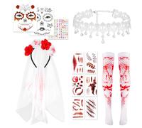 DPKOW Day of the Dead Headband Veil Sugar Skull Face Tattoo Gems Day of the Dead Accessories Women Corpse Bride Rose Floral Crown Headband Halloween Temporary Tattoos Fake Cuts Scar Stockings Necklace