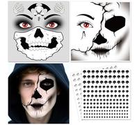 DPKOW Death Face Tattoos Halloween Temporary Tattoos with Face Gems, Fake TATTOOS for Halloween Death Accessories