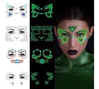 DPKOW Face Gems Glow in the Dark Temporary Tattoos Self-Adhesive Face Jewels for Woman Girls Halloween Festivals Party Face Art, Luminous Glitter Rhinestone Face Sticker Skull Butterfly Leopard Spider