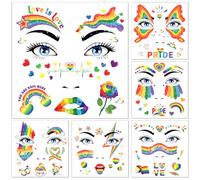 DPKOW Glitter Rainbow Face Tattoos Pride Accessories, 12 Sheets Rainbow Pride Temporary Tattoos LGBT Gay Pride Makeup for Adults Men Women LGBT Pride Face Body Art Tattoos Rainbow Flag Butterfly Heart