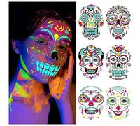 DPKOW Glow In The Dark Halloween Temporary Tattoos Sugar Skull Face Tattoo Halloween, 6 Sheets Luminous Halloween Tattoo Stickers Skeleton Spider Web Rose for Adults Kids Halloween Makeup Accessories