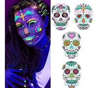 DPKOW Glow in the Dark Sugar Skull Face Tattoos for Halloween Makeup, 4 Sheets Luminous Temporary Tattoos for Day of the Dead Body Art, Neon Face Paints Día de Los Muertos