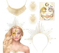 DPKOW Halo Crown Headband Sun Goddess Costume Accessories - Headwear, Headpiece, Necklace, Earrings, Face Tattoo for Greek Goddess, Women's Carnival Cosplay