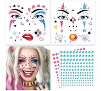DPKOW Harley Quinn Face Tattoo Accessories for Halloween Glitter Stones Temporary Tattoos Theme Party Cosplay