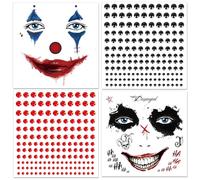 DPKOW Joker Tattoos Temporary Halloween Tattoos Face Gems for Kids Adults, Clown Temporary Tattoo Stickers Face Halloween Makeup Accessories Joker Tattoo Fake Clown Make-Up Costume Accessories