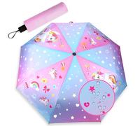 DPKOW Kids Compact Umbrella, Colour-Changing Wet Dry Umbrella 98CM | Windproof Portable Folding Umbrellas for Backpack Bag, Water Reacting Umbrella Dino Football Unicorn Horse for Boys Girls