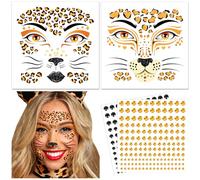 DPKOW Leopard Face Tattoos & Gems, Temporary Tattoos & Face Gems for Kids & Adults, Waterproof, Leopard Print
