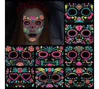 DPKOW Neon Halloween Face Temporary Tattoos,Day of the Dead Transfers Face Tattoo Skull Rose Stickers Temporary Tattoos for Halloween Carnival Masquerade Horror Theme Parties,8 Sheets