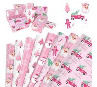 DPKOW Pink Christmas Wrapping Paper, 12 Sheets DIY Gift Wrapping Paper Sheets, Christmas Tree, Santa, Snowman, Snowflake, Gingerbread, Truck Patterns, Recyclable, 70*50cm