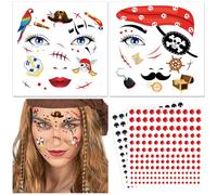 DPKOW Pirate Temporary Tattoos & Face Gems - Pirate Costume Cosplay Accessories - Waterproof, Safe & Easy to Apply - Kids & Adults - Red & Black