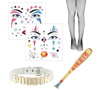 DPKOW Quinn Costume Women Accessories Halloween Face Stickers Tattoos, Collar, Fishing Net Stockings, Inflatable Baseball Bat for Halloween Quinn Outfit Accessories Cosplay Carnival Supplies