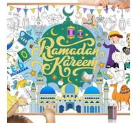 DPKOW Ramadan Kareem Coloring Poster with Paint Pens, 47 x 33 Inches Giant Paper Ramadan Coloring Tablecloth for Kids Ramadan Eid Crafts Gift Doodle Art, Moon Star Mosque Eid Mubarak