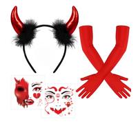 DPKOW Red Devil Horns Headband Halloween Face Stickers Tattoos Gloves for Halloween Costume Accessories Red Devil Costume Woman Cosplay Outfits Accessories Carnival Masquerade Supplies