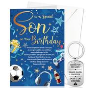 DPKOW Son Birthday Card and Keyring from Parents, Happy Birthday Gifts for Son, B-day Greeting Card with Envelope, Stainless Steel Keychain with Velvet Drawstring Bag, from Mum and Dad