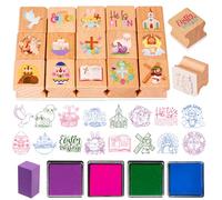 DPKOW Stamps Easter Christian Kids Crafting Party Favour, 16 Wooden Stamps for Card Making Easter Religious Gift Kids DIY Scrapbooking Party Fillers, He is Risen Jesus Lives