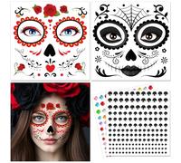 DPKOW Sugar Skull Face Tattoos Halloween Makeup Accessories Day of the Dead Adults Women Men, with Face Gems Halloween Face Stickers Sugar Skull Temporary Tattoos Day of the Dead Costume Accessories