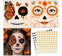 DPKOW Sugar Skull Face Tattoos Halloween Makeup Accessories Day of the Dead Temporary Tattoos Halloween Face Stickers Gems, Butterfly Skull Sugar Costume Accessories Cosplay Masquerade Carnival