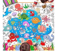 DPKOW Under The Sea Coloring Poster with Pens, 47 x 33 Inches Ocean Animal Giant Paper Coloring Tablecloth for Kids Doodle Art Birthday Crafts Gift, Sea Animals Mermaid Shark Crab Starfish Shell